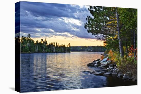 Dramatic Sunset and Pines at Lake of Two Rivers in Algonquin Park, Ontario, Canada-elenathewise-Stretched Canvas