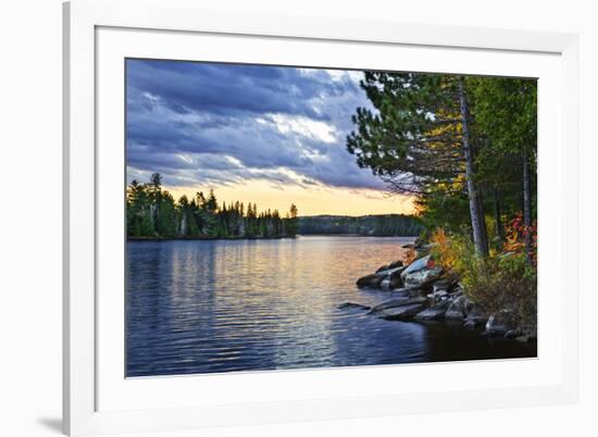 Dramatic Sunset and Pines at Lake of Two Rivers in Algonquin Park, Ontario, Canada-elenathewise-Framed Photographic Print