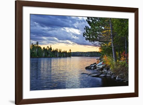 Dramatic Sunset and Pines at Lake of Two Rivers in Algonquin Park, Ontario, Canada-elenathewise-Framed Photographic Print