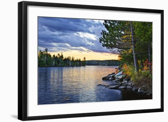 Dramatic Sunset and Pines at Lake of Two Rivers in Algonquin Park, Ontario, Canada-elenathewise-Framed Photographic Print