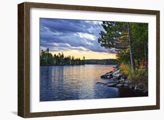 Dramatic Sunset and Pines at Lake of Two Rivers in Algonquin Park, Ontario, Canada-elenathewise-Framed Photographic Print