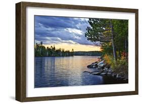 Dramatic Sunset and Pines at Lake of Two Rivers in Algonquin Park, Ontario, Canada-elenathewise-Framed Photographic Print