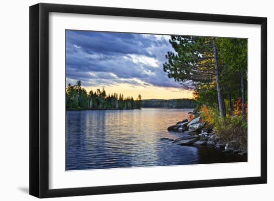 Dramatic Sunset and Pines at Lake of Two Rivers in Algonquin Park, Ontario, Canada-elenathewise-Framed Photographic Print