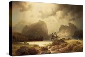 Dramatic Waterfall Landscape with Figures and Building Remain-Marcus Larson-Stretched Canvas