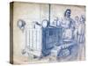 Drawing of a Soviet Woman on a Tracked Tractor-null-Stretched Canvas