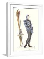 Drawing of Lady with Skis-null-Framed Art Print