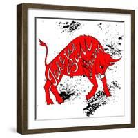 Drawing Red Angry Bull on the Grunge Background with Artwork Inscription: Take the Bull by the Horn-Ana Babii-Framed Art Print