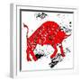 Drawing Red Angry Bull on the Grunge Background with Artwork Inscription: Take the Bull by the Horn-Ana Babii-Framed Art Print