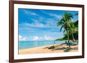 Dream Beach with Palm Trees on the White Sand, Sun Loungers, Turquoise Ocean and Beautiful Clouds I-DMITRII STARTCEV-Framed Photographic Print