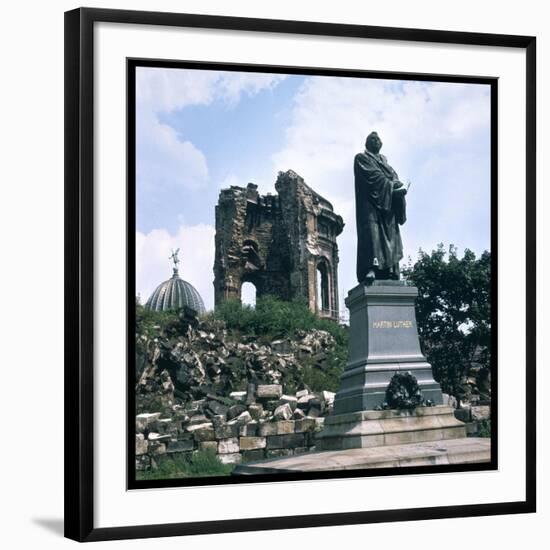 Dresden: Ruins of the Frauenkirche (Church of Our Lady) with a Statue of Martin Luther-null-Framed Photographic Print