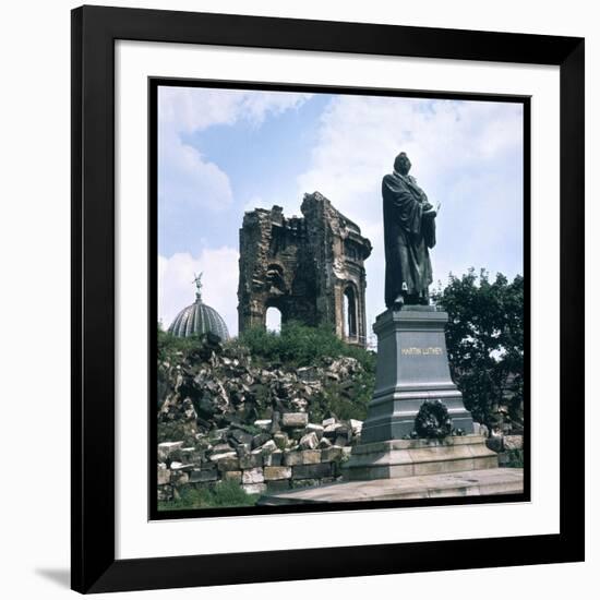 Dresden: Ruins of the Frauenkirche (Church of Our Lady) with a Statue of Martin Luther-null-Framed Photographic Print