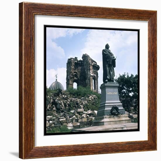 Dresden: Ruins of the Frauenkirche (Church of Our Lady) with a Statue of Martin Luther-null-Framed Photographic Print