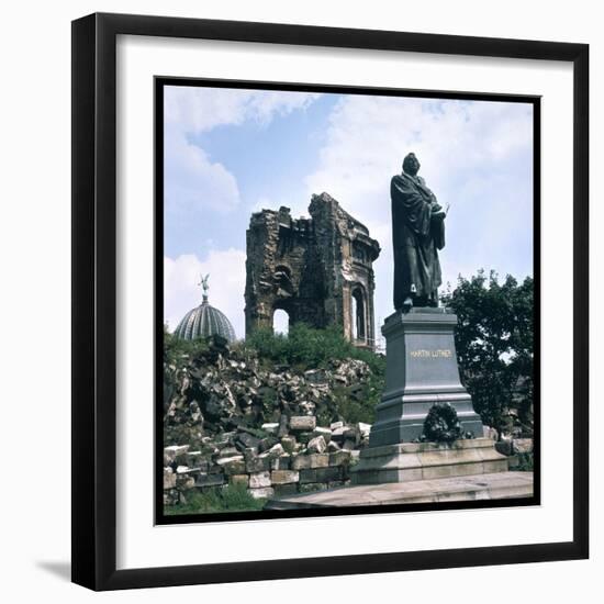 Dresden: Ruins of the Frauenkirche (Church of Our Lady) with a Statue of Martin Luther-null-Framed Photographic Print