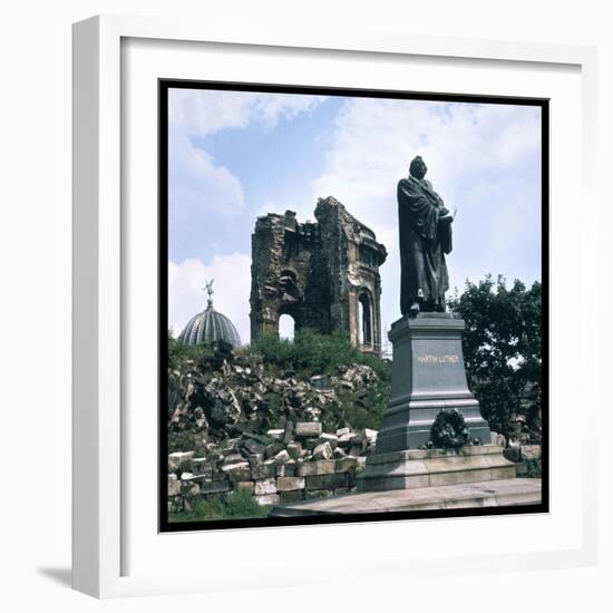 Dresden: Ruins of the Frauenkirche (Church of Our Lady) with a Statue of Martin Luther-null-Framed Photographic Print