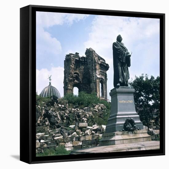 Dresden: Ruins of the Frauenkirche (Church of Our Lady) with a Statue of Martin Luther-null-Framed Stretched Canvas