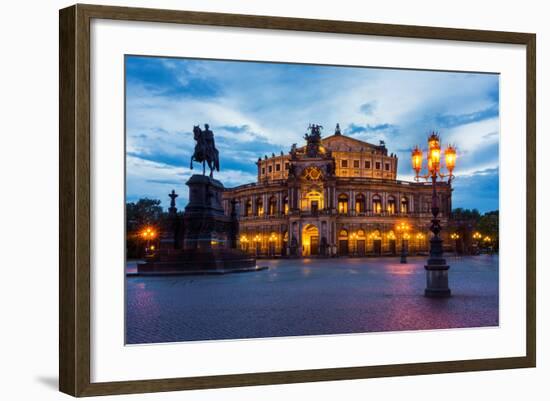 Dresden, Semperoper, King Johann Monument, Blue Hour-Catharina Lux-Framed Photographic Print