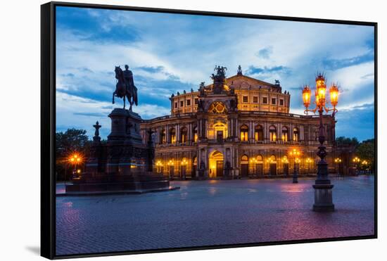 Dresden, Semperoper, King Johann Monument, Blue Hour-Catharina Lux-Framed Stretched Canvas