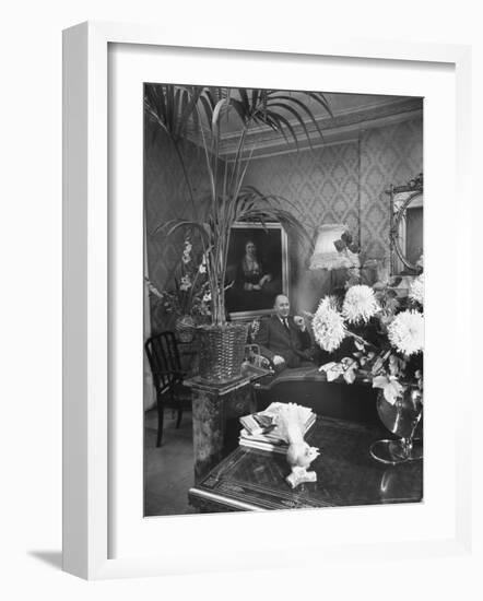 Dress Designer Christian Dior at Home in His Living Room-Frank Scherschel-Framed Premium Photographic Print