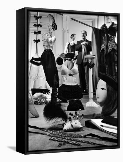Dress Designer Christian Dior in His Workshop-Frank Scherschel-Framed Stretched Canvas