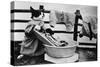 Dressed Up Cat Washing Clothes in Wash Tub-null-Stretched Canvas