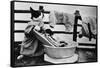 Dressed Up Cat Washing Clothes in Wash Tub-null-Framed Stretched Canvas