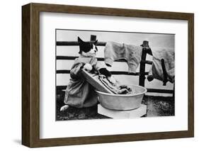 Dressed Up Cat Washing Clothes in Wash Tub-null-Framed Photographic Print