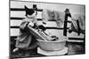 Dressed Up Cat Washing Clothes in Wash Tub-null-Mounted Photographic Print