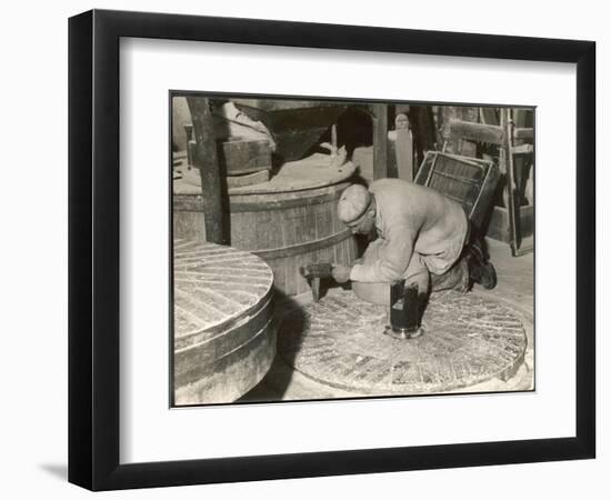 Dressing a Millstone at a Water Mill at Ewell Surrey-null-Framed Art Print