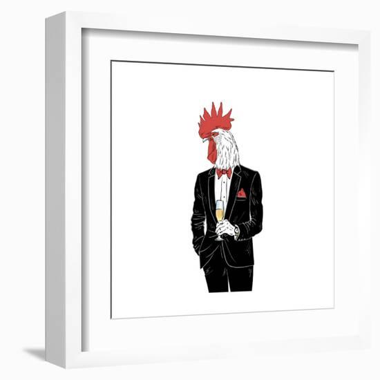 Dressy Rooster with Glass of Champagne-Olga_Angelloz-Framed Art Print