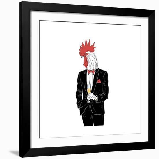 Dressy Rooster with Glass of Champagne-Olga_Angelloz-Framed Art Print