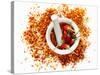 Dried Chilli Peppers and Chilli Flakes in a Mortar-Bodo A^ Schieren-Stretched Canvas