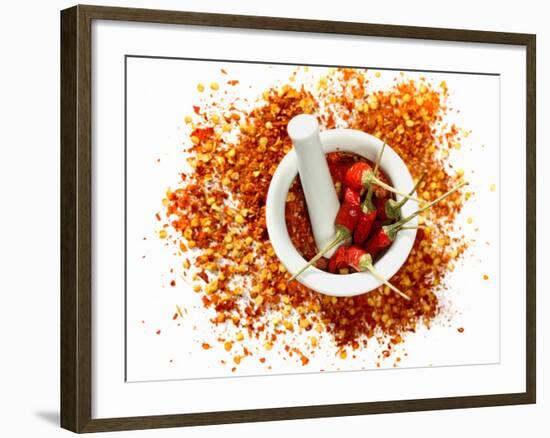 Dried Chilli Peppers and Chilli Flakes in a Mortar-Bodo A^ Schieren-Framed Photographic Print