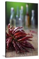 Dried Chillies on Wooden Table, Bottle Against Green Background-Jana Ihle-Stretched Canvas