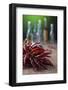 Dried Chillies on Wooden Table, Bottle Against Green Background-Jana Ihle-Framed Photographic Print