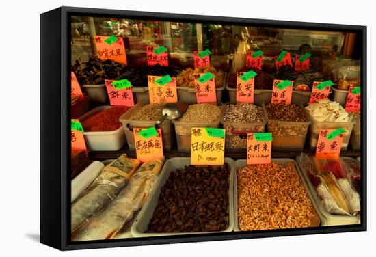 Dried Chinese Herbs, Mushrooms, and Spices in Front of a Grocery-Sabine Jacobs-Framed Stretched Canvas