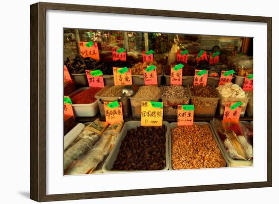 Dried Chinese Herbs, Mushrooms, and Spices in Front of a Grocery-Sabine Jacobs-Framed Photographic Print