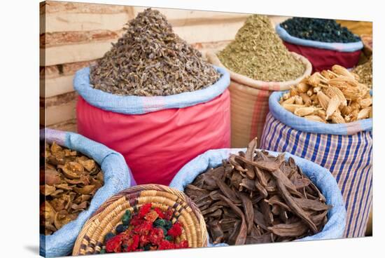 Dried Flowers and Herbs at a Spice Market, Rahba Kedima in Marrakech-Peter Adams-Stretched Canvas