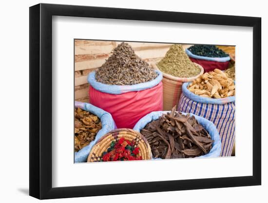 Dried Flowers and Herbs at a Spice Market, Rahba Kedima in Marrakech-Peter Adams-Framed Photographic Print