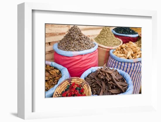 Dried Flowers and Herbs at a Spice Market, Rahba Kedima in Marrakech-Peter Adams-Framed Photographic Print