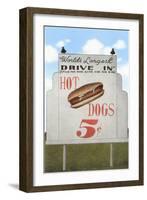 Drive-In, Five Cent Hot Dog Sign, Roadside Retro-null-Framed Art Print