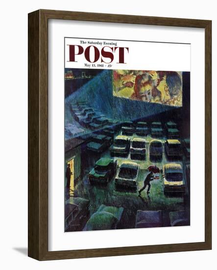 "Drive-In Movie in the Rain," Saturday Evening Post Cover, May 13, 1961-John Falter-Framed Giclee Print