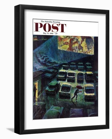 "Drive-In Movie in the Rain," Saturday Evening Post Cover, May 13, 1961-John Falter-Framed Giclee Print