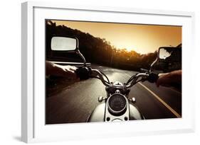 Driver Riding Motorcycle On An Asphalt Road Through Forest-Dudarev Mikhail-Framed Art Print