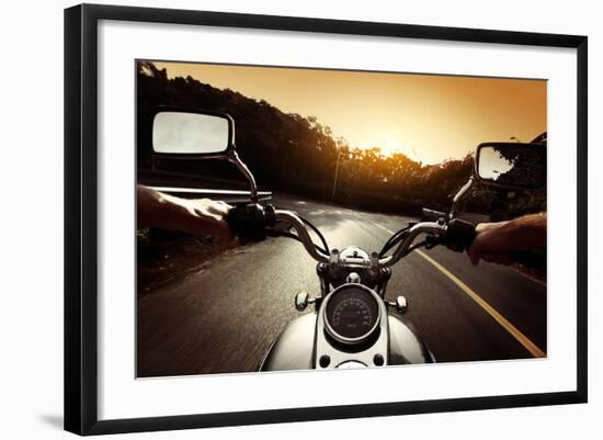 Driver Riding Motorcycle On An Asphalt Road Through Forest-Dudarev Mikhail-Framed Art Print