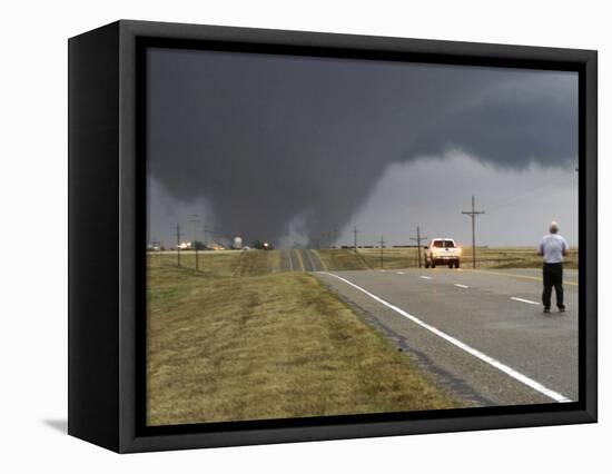 Driver Slows as a Tornado Crosses the Highway in Beaver County, Oklahoma-null-Framed Stretched Canvas