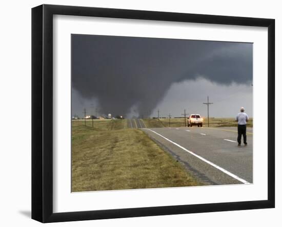 Driver Slows as a Tornado Crosses the Highway in Beaver County, Oklahoma-null-Framed Photographic Print