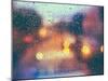 Drops of Rain on Blue Glass Background. Street Bokeh Lights out of Focus. Autumn Abstract Backdrop-Grisha Bruev-Mounted Photographic Print