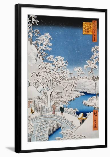 Drum Bridge at Meguro, from the Series "100 Views of Edo"-Ando Hiroshige-Framed Art Print