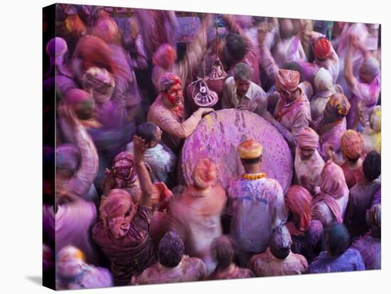 Drum in Temple During Holi Festival, Mathura, Uttar Pradesh, India-Peter Adams-Stretched Canvas