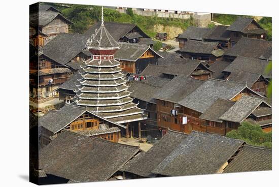 Drum Tower at Rongjiang, Guizhou Province, China, Asia-Bruno Morandi-Stretched Canvas